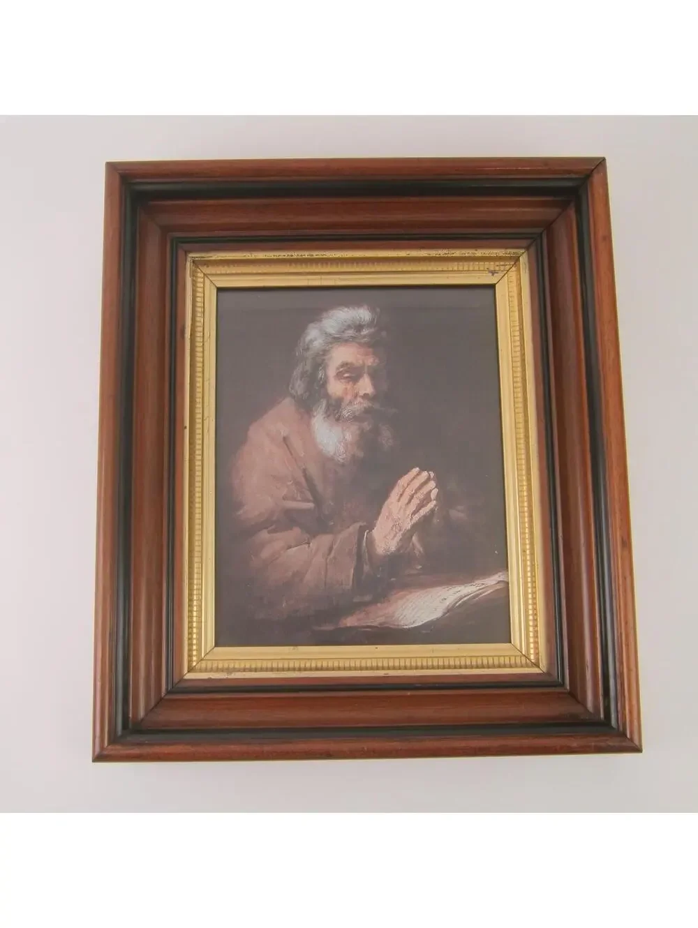 Antique Victorian Deep Picture Frame Walnut Wood Gold Gilt Old Man Praying Print